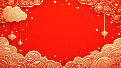 Chinese New Year background with gold clouds and lanterns.  Concept of celebration, prosperity, and tradition.