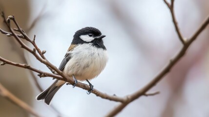 Fototapeta premium Small black and white bird perched on bare branch with blurred background