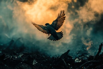 Obraz premium Bird is flying in the sky above a pile of debris. The image has a mood of destruction and chaos