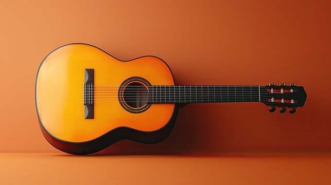 Orange acoustic guitar on an orange background. - Powered by Adobe