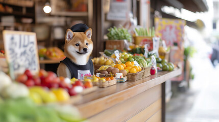 A cute Asian Shiba Inu dog dressed as a small local shopkeeper in a quaint, traditional Asian store. stands behind a wooden counter, wearing a tiny apron and cap