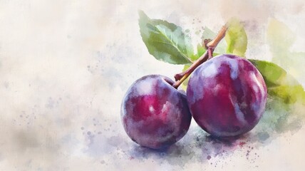 Obraz premium Watercolor illustration of two ripe plums with leaves, vivid colors