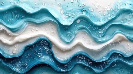 Obraz premium Abstract waves of blue and white paint with bubbles, evoking ocean themes.