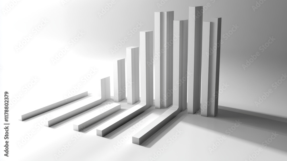 Poster minimalist d bar chart with tall, sleek bars in monochromatic tones, casting shadows on a clean, whi