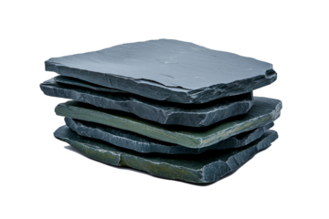 A rectangular garden decoration rock made of slate, The rock has a distinctive flat, stacked appearance with thin layers of slate in shades of charcoal gray and deep green