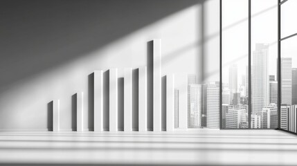 Obraz premium Minimalist D bar chart with tall, sleek bars in monochromatic tones, casting shadows on a clean, white background