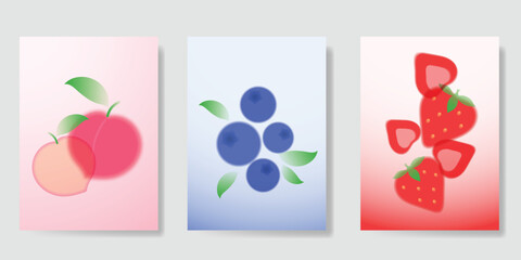 Abstract colorful gradient fruit card background set. Minimalist poster with berry, cherry, dot halftone. Modern summer and spring wallpaper design for home decoration, website, banner, ads.