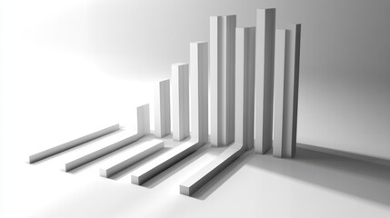 Minimalist D bar chart with tall, sleek bars in monochromatic tones, casting shadows on a clean, white background