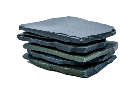 A rectangular garden decoration rock made of slate, The rock has a distinctive flat, stacked appearance with thin layers of slate in shades of charcoal gray and deep green