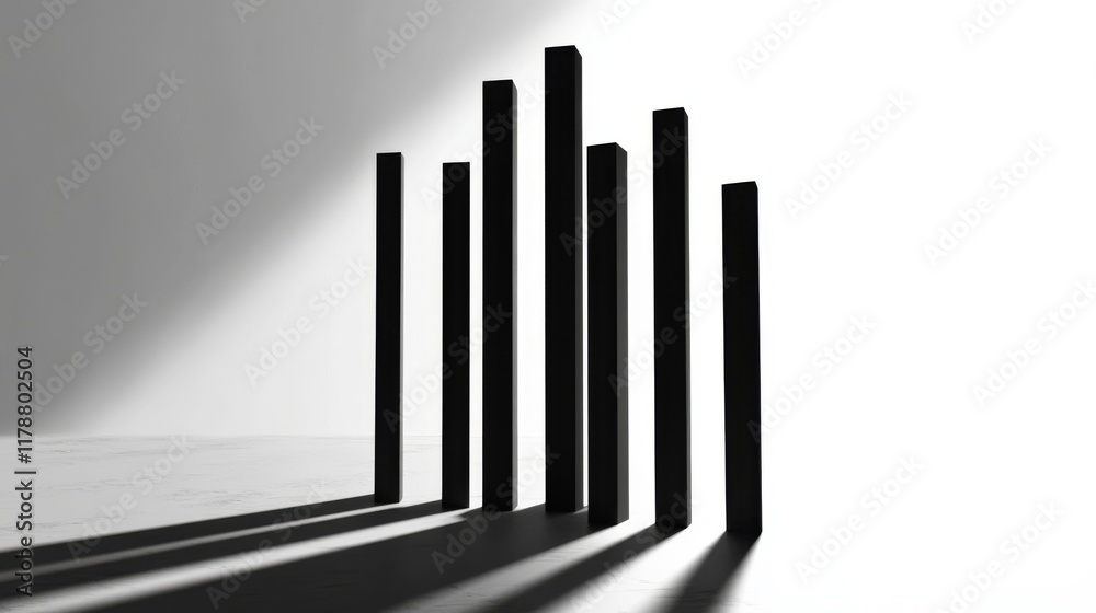 Poster minimalist d bar chart with tall, sleek bars in monochromatic tones, casting shadows on a clean, whi