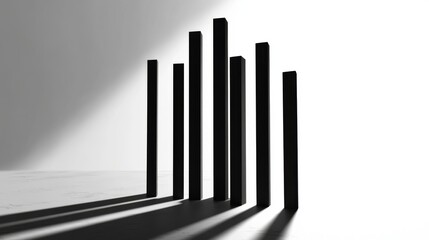 Obraz premium Minimalist D bar chart with tall, sleek bars in monochromatic tones, casting shadows on a clean, white background