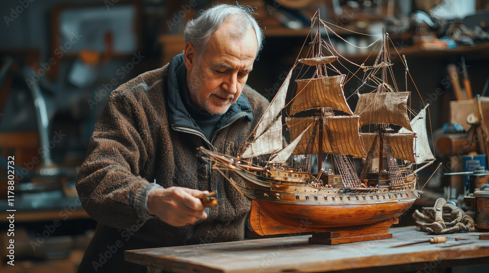 Poster Retirement hobbies highlighted by a retired man assembling a model ship on a workbench Stock Photo with side copy space