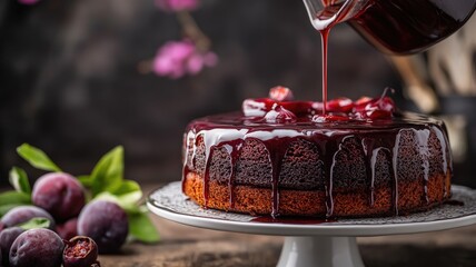 Chocolate cake with cherry glaze being poured, surrounded by plums and flowers, displayed on white stand