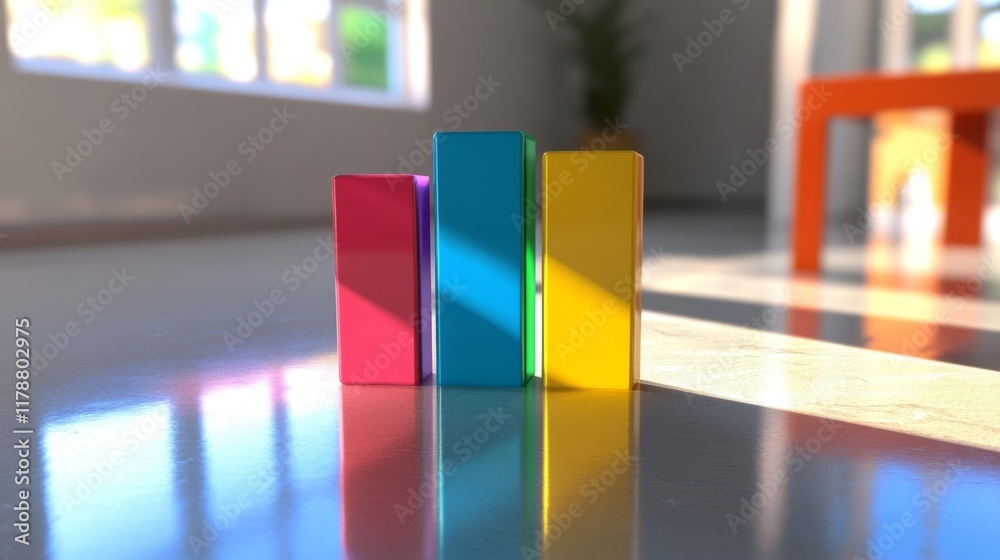 Fototapete multi-colored d bar graph on a glossy surface, with each bar casting distinct shadows, giving a shar