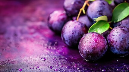 Fresh dew-covered plums on vibrant purple background