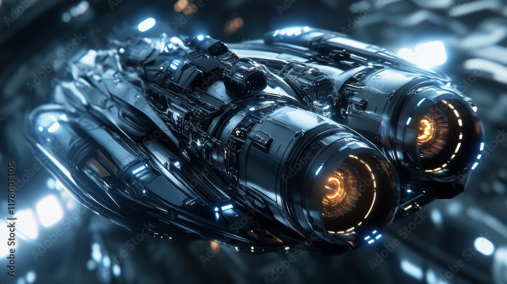 Wall mural a spaceship with two large engines. the engines are orange and yellow. the spaceship is in a blue an