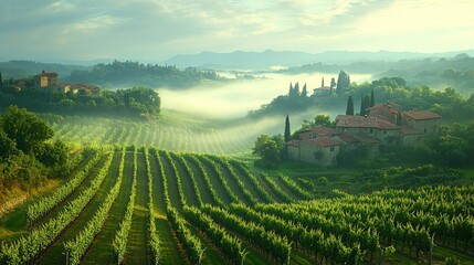 Fototapeta premium Serene vineyard landscape with misty hills and rustic buildings in the distance.