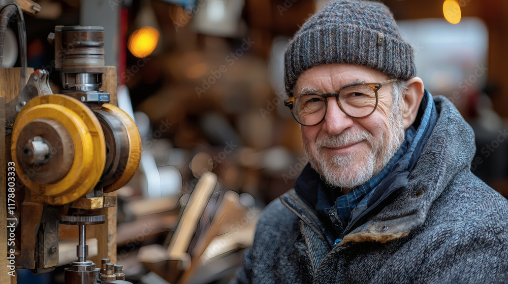 Poster retirement hobbies highlighted through an elderly man woodworking in a backyard workshop stock photo