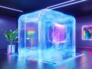 Obraz premium Futuristic 3D Render: Vibrantly Lit Enigma Chamber in a Modern Space. AI Generated