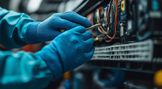 A close-up shot of an electrician's hands in blue gloves, holding tools and cables as they work on the inside panel of an air conditioner, with a focus stacking technique for a cin