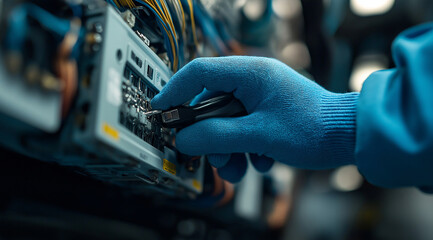 A close-up shot of an electrician's hands in blue gloves, holding tools and wires as they repair the electrical system inside a home air conditioner. The focus is on their precise