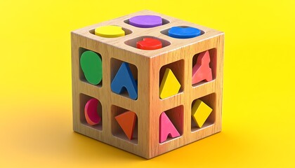 Geometric sorting cube with assorted shapes in primary colors