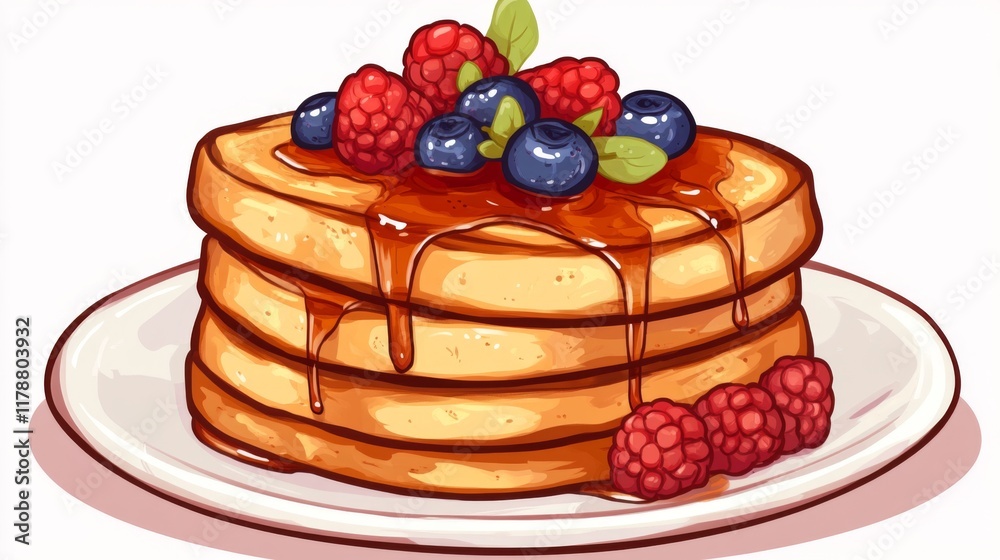 Poster stack of buttery french toast drizzled with syrup and topped with fresh berries, creating a deliciou