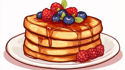 Stack of buttery French toast drizzled with syrup and topped with fresh berries, creating a delicious, inviting breakfast scene