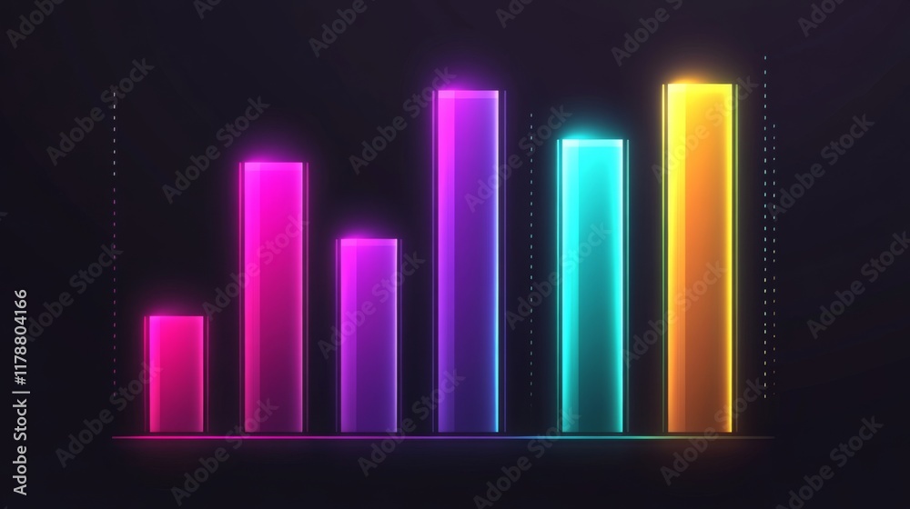 Fototapete stylized bar graph with glowing bars in neon colors, set against a dark, tech-inspired background fo