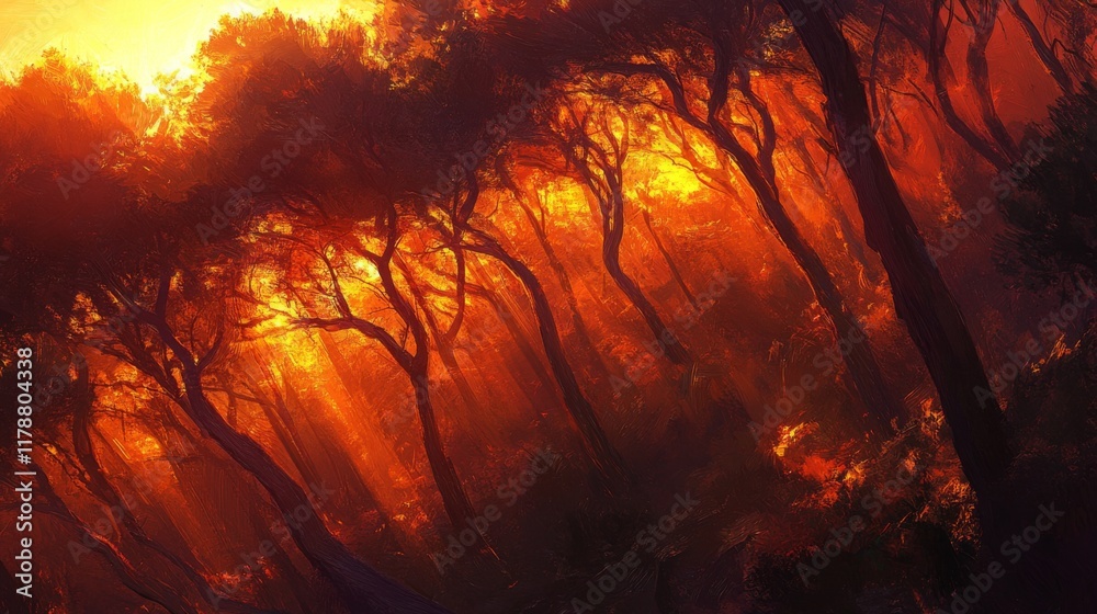 Poster Sunset view with warm, golden sunlight streaming through a forest, illuminating the trees and creating a beautiful contrast