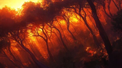 Sunset view with warm, golden sunlight streaming through a forest, illuminating the trees and creating a beautiful contrast