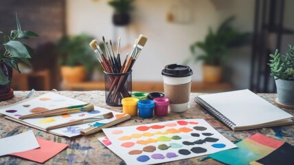 A flat lay of artistic and creative items such as paintbrushes, colorful paint, a sketchbook, and a coffee cup arranged on a textured desk, captured with soft overhead lighting that highlights the vib
