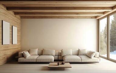 Minimalist interior design of modern living room with two sofas and wooden planks ceiling.ai generative