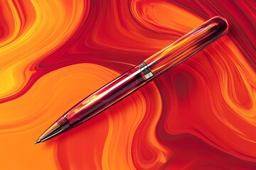 Naklejka premium A pen is sitting on a red background. The pen is black and has a red tip. The background is orange and has a swirl pattern