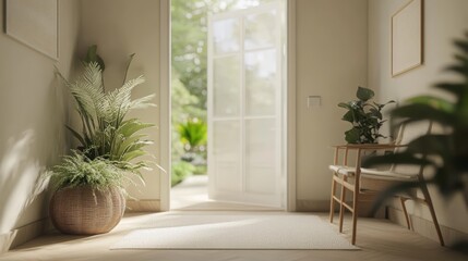 Bright minimalist interior featuring lush plants and natural light streaming through open French doors, creating a serene atmosphere.