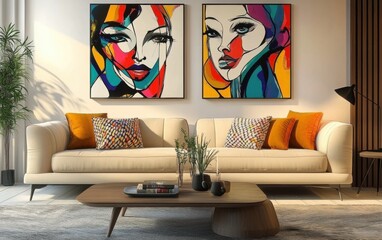 Pop art style interior design of modern living room with two beige sofas.ai generative