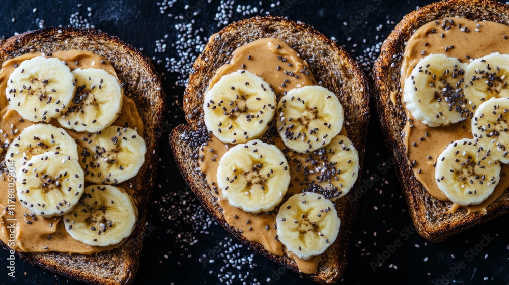Poster Toast topped with creamy peanut butter and banana slices, sprinkled with chia seeds, creating a nutritious and delicious breakfast option