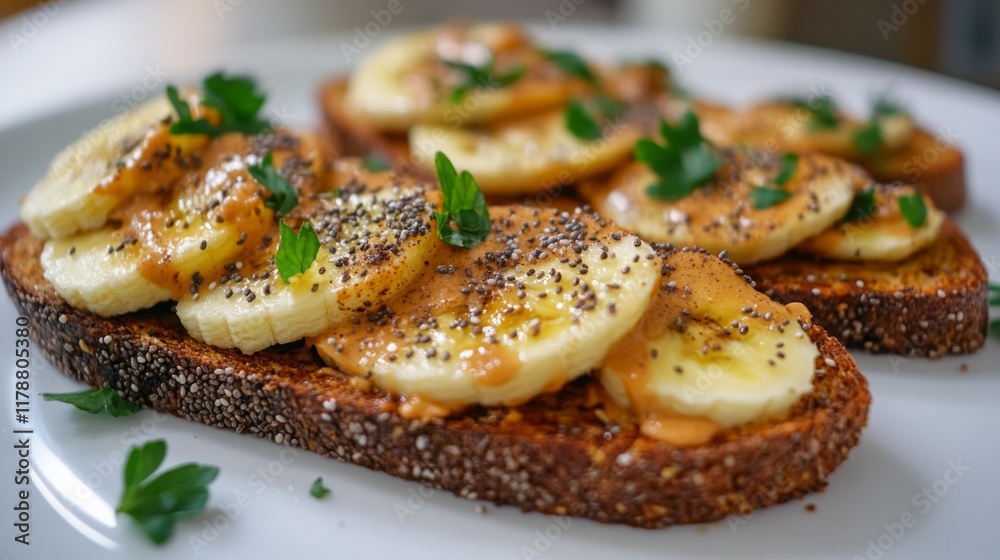 Poster toast topped with creamy peanut butter and banana slices, sprinkled with chia seeds, creating a nutr