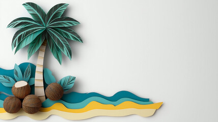 Obraz premium a tropical setting with a paper-cut palm tree, coconuts, and layered waves in blue and teal. a tree has vivid green leaves layered for depth, and the beach is detailed with yellow and tan paper cuts