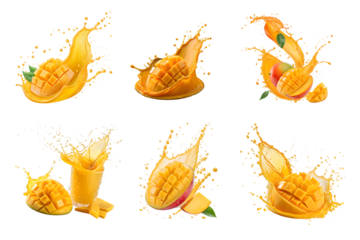 Collection of mango juice splashing isolated on transparent background