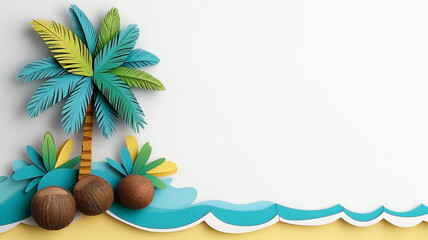 Obraz premium a tropical setting with a paper-cut palm tree, coconuts, and layered waves in blue and teal. a tree has vivid green leaves layered for depth, and the beach is detailed with yellow and tan paper cuts