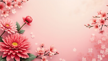 Pink Floral Background with Cherry Blossoms and Dahlias.  Concept of Spring, Beauty, and Celebration.