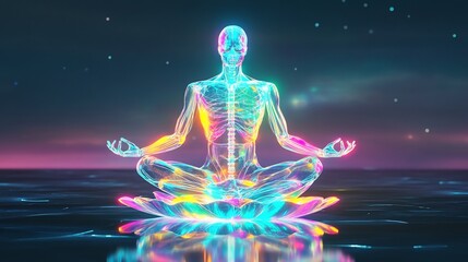 Fototapeta premium Vibrant 3D Render: Serene Figure Meditates on a Cosmic Lotus, Night Sky Background. AI Generated