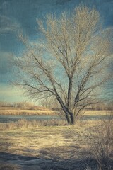 A solitary tree stands by a calm river, captured in a vintage style with a clear blue sky in early spring.