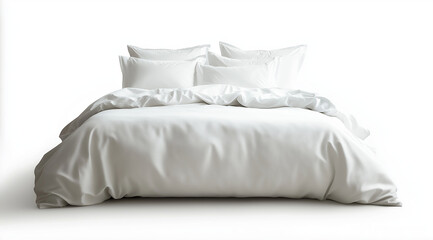 Modern bed with white linens, isolated against a pure white background, front view, high-resolution photography.