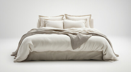 Modern bed with a white cover and pillows on an isolated background, in a minimalistic style. High-resolution photography with high-quality details, professional color grading, sof