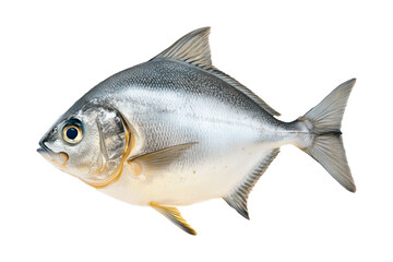 Naklejka premium A silver Pomfret fish with striking details of fins and scales isolated on white Transparent background. Represents aquatic life and marine biology