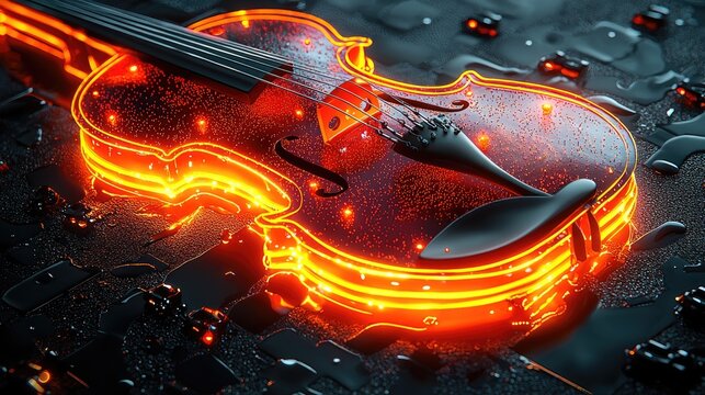 Fiery violin rests on dark, textured surface; abstract background; music album cover art.