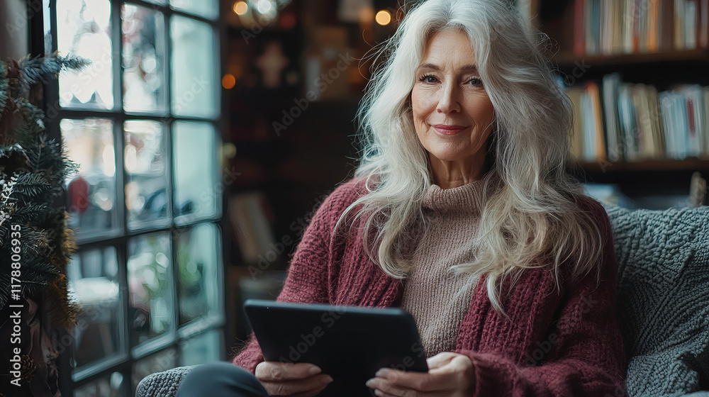 Poster assistive technology for seniors depicted by a retired woman using a tablet with large font settings