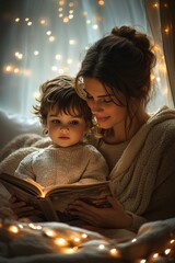 A babysitter reads an adventure story, holding the child&rsquo;s hand as they listen with wide eyes